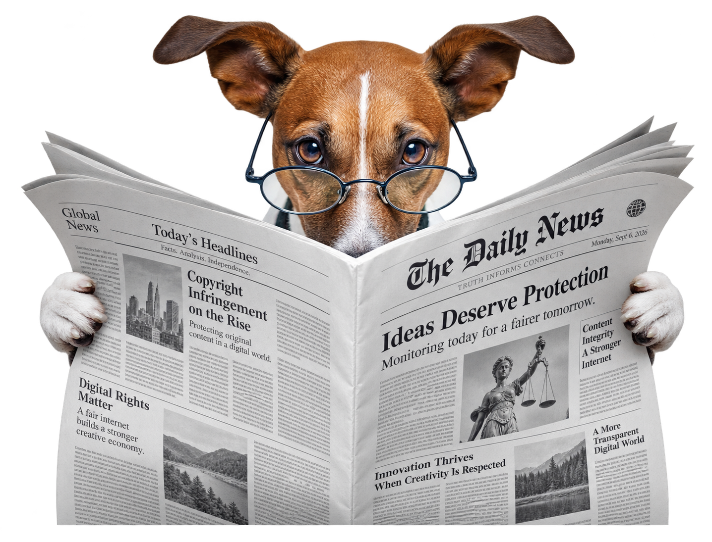 A dog wearing reading glasses studying a printed newspaper